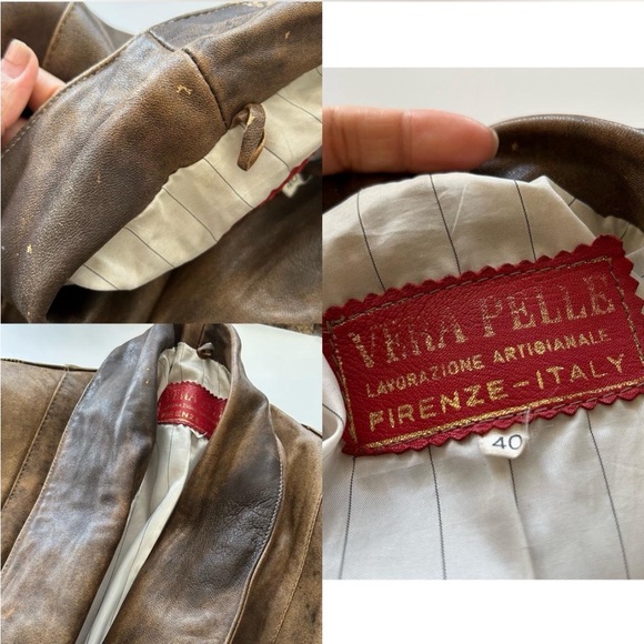 Vintage 90s Vera Pelle Leather Jacket | Distressed Brown Shawl Collar. - Picture 4 of 8